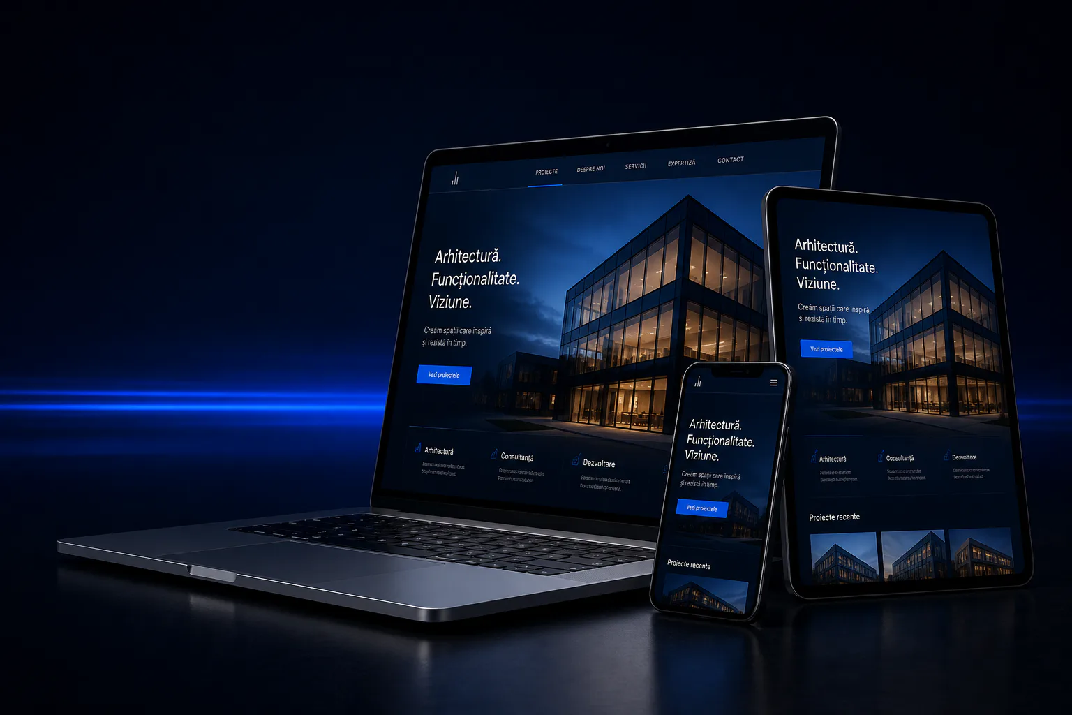 Laptop, tabletă și telefon reale care prezintă același concept demonstrativ de website corporate