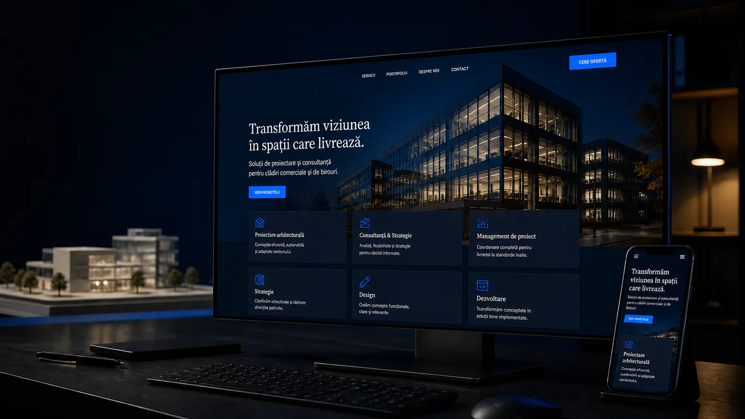 Monitor și telefon reale care afișează un concept demonstrativ de website de arhitectură